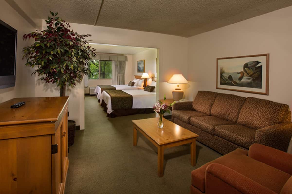A hotel room with a bed, a sofa, a coffee table, a desk, and a plant.