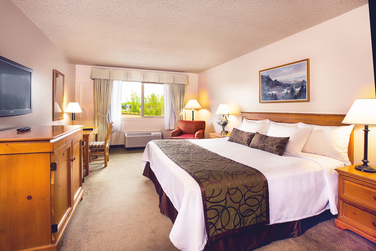 A hotel room with a large bed, a desk with a television, a chair, and a window with curtains.