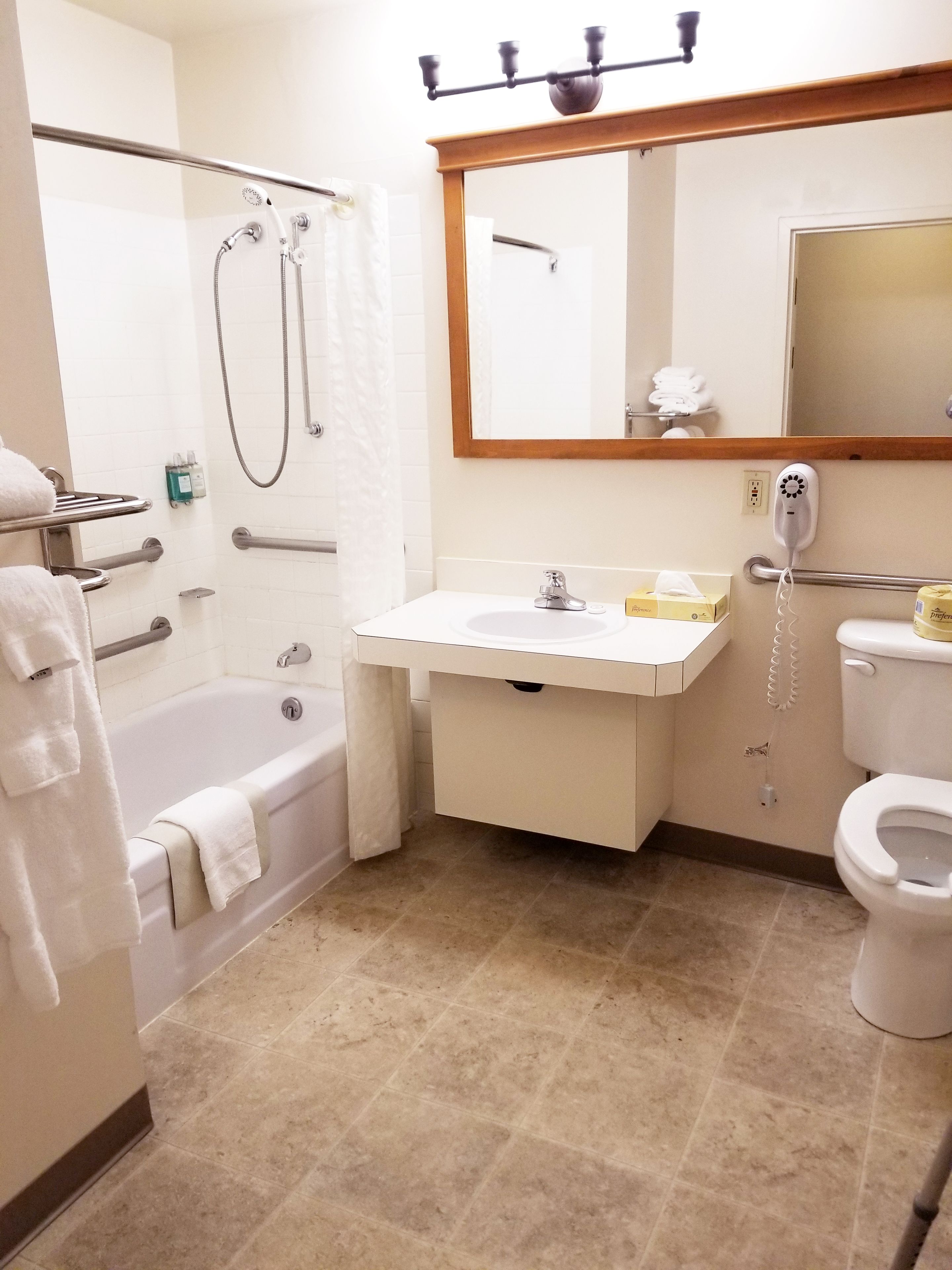 free toiletries, hair dryer, towels