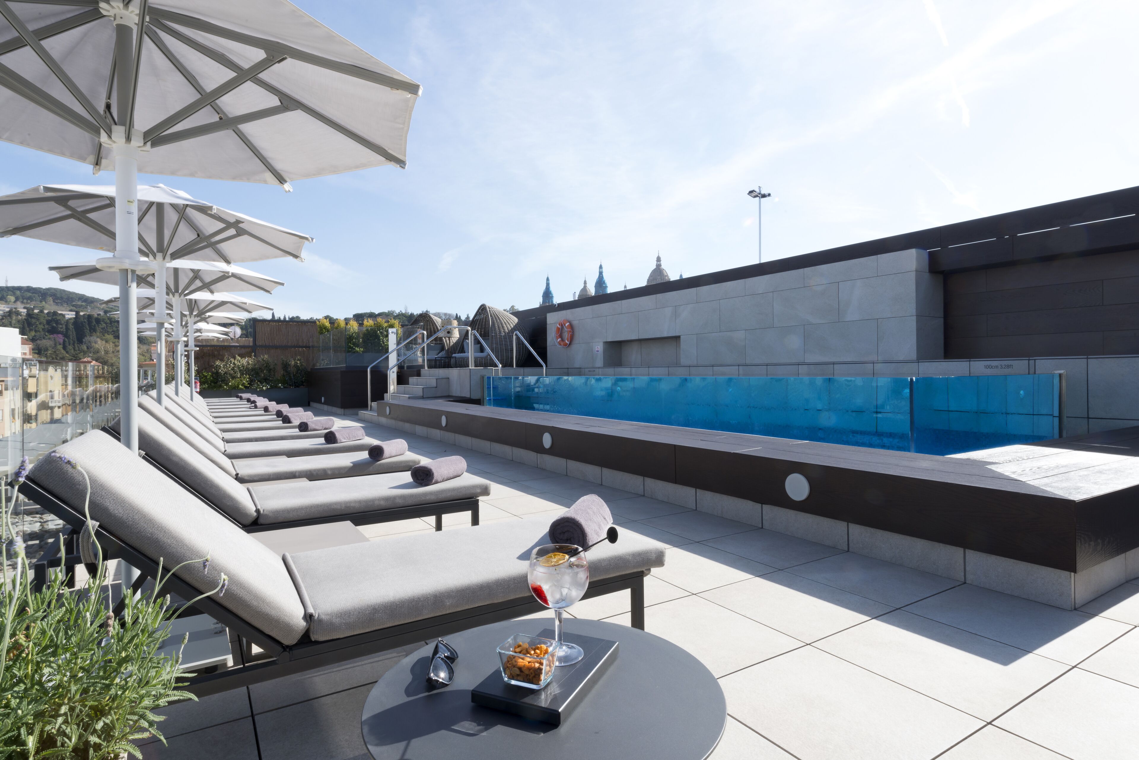 Seasonal outdoor pool, pool loungers