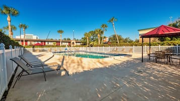 Outdoor pool, open 10:00 AM to 8:00 PM, pool umbrellas, pool loungers
