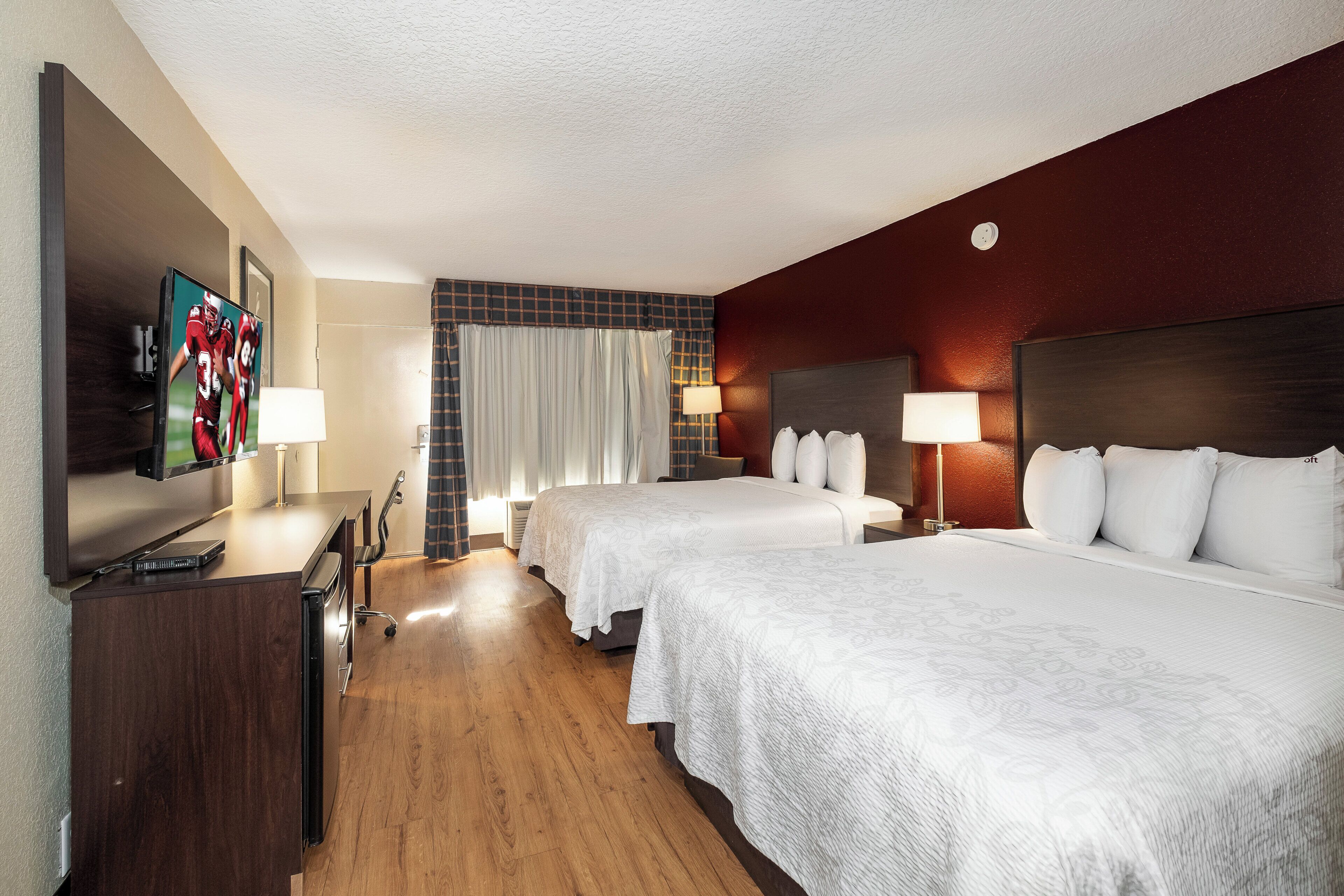Standard Room, 2 Queen Beds (Smoke Free) | Desk, laptop workspace, blackout drapes, iron/ironing board