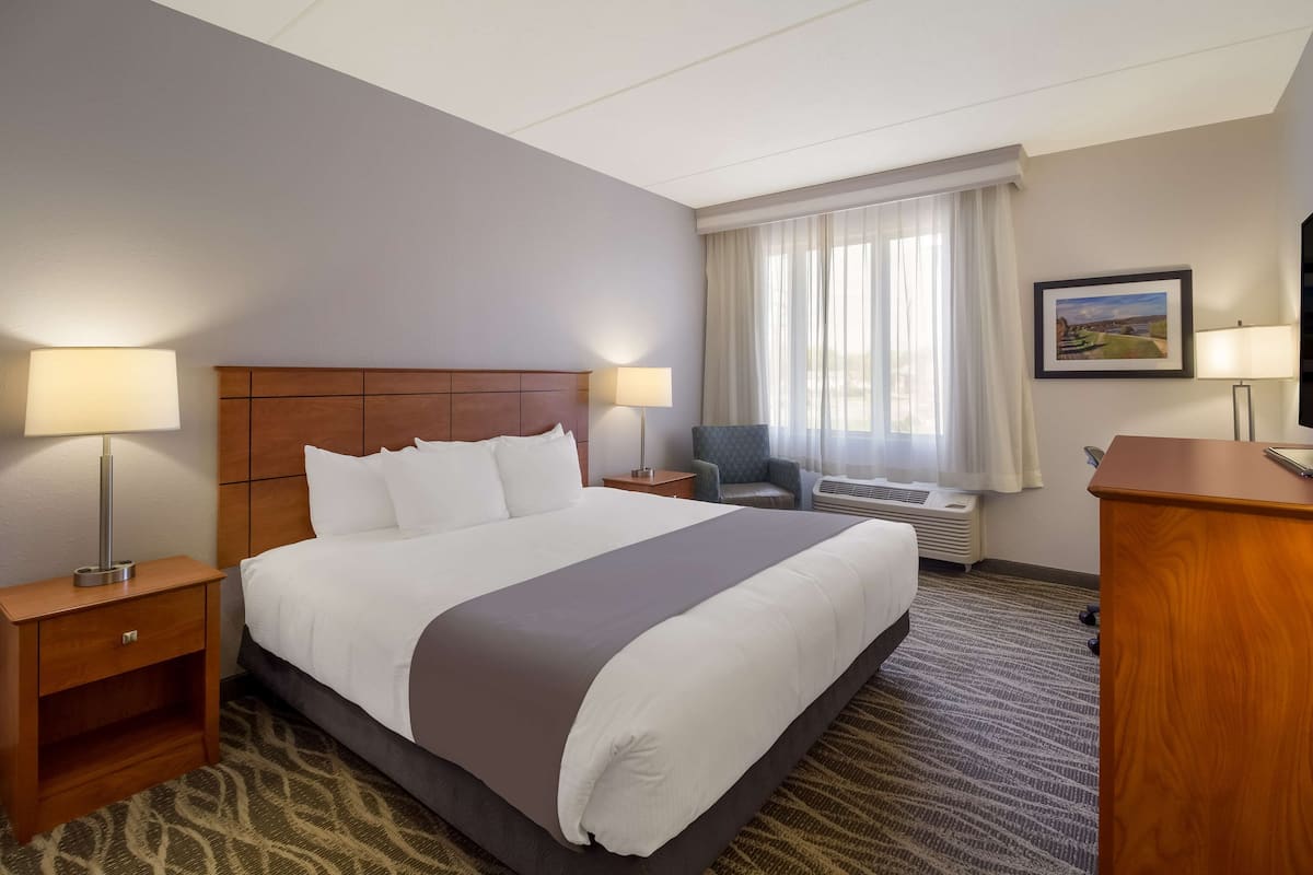 Habitación de hotel con una cama grande, dos mesitas de noche con lámparas, un escritorio, una silla y una ventana con cortinas.