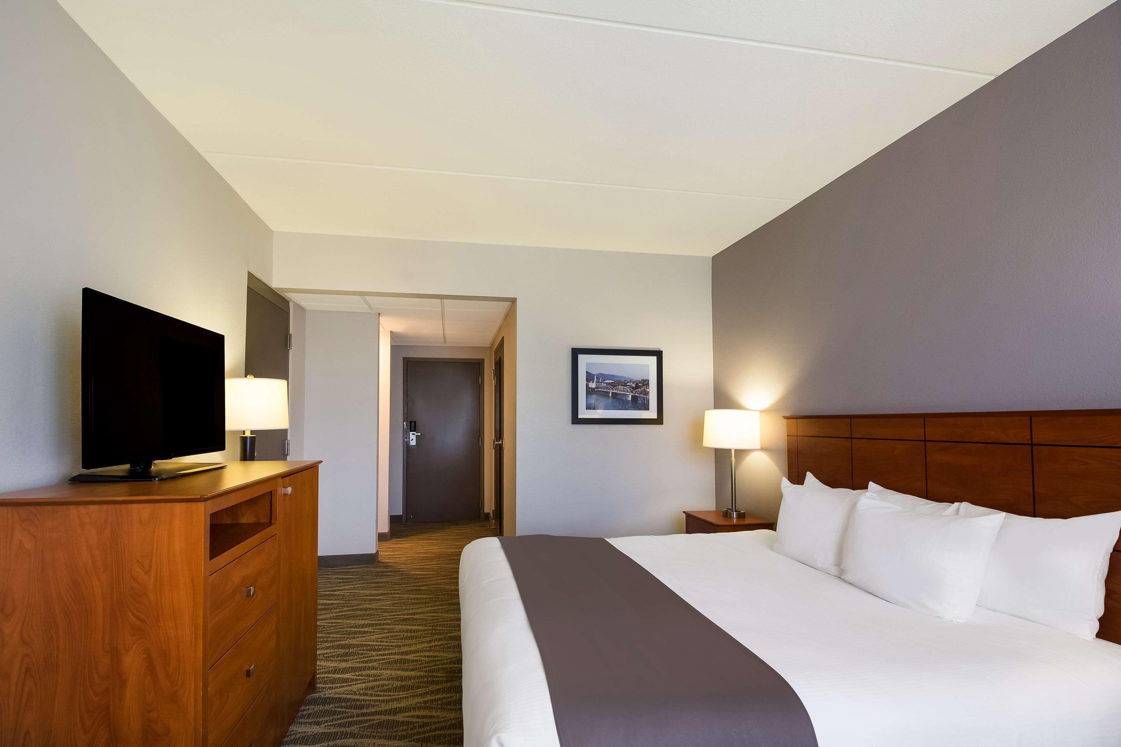 Habitación de hotel con una cama, un televisor sobre un tocador de madera, dos lámparas de noche y un cuadro en la pared.