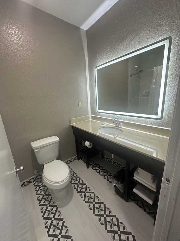 Un baño con inodoro, lavamanos y espejo.