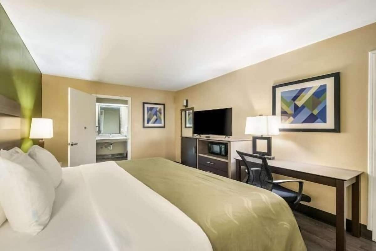 A hotel room with a bed, desk, TV, and artwork on the walls.