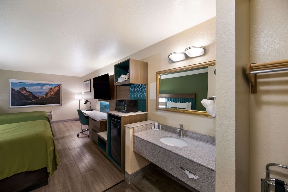 Quarto de hotel com cama, escrivaninha, micro-ondas, pia e um espelho grande.