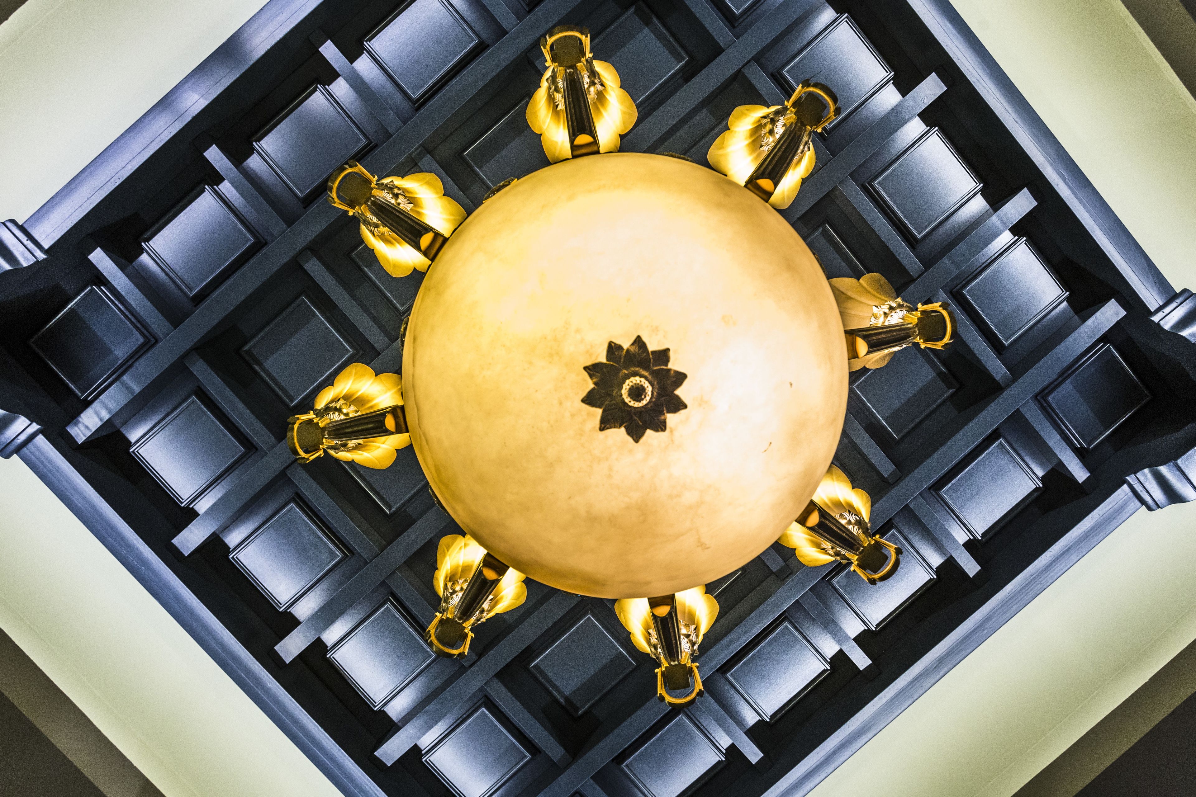 A central, round, gold-colored fixture with a star emblem, surrounded by eight gold-colored, flower-shaped elements, set against a black, grid-patterned background.