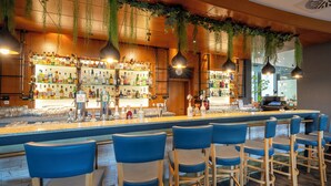 Eine Bar mit mehreren Regalen voller Spirituosenflaschen, hängenden Pflanzen und Barhocker.