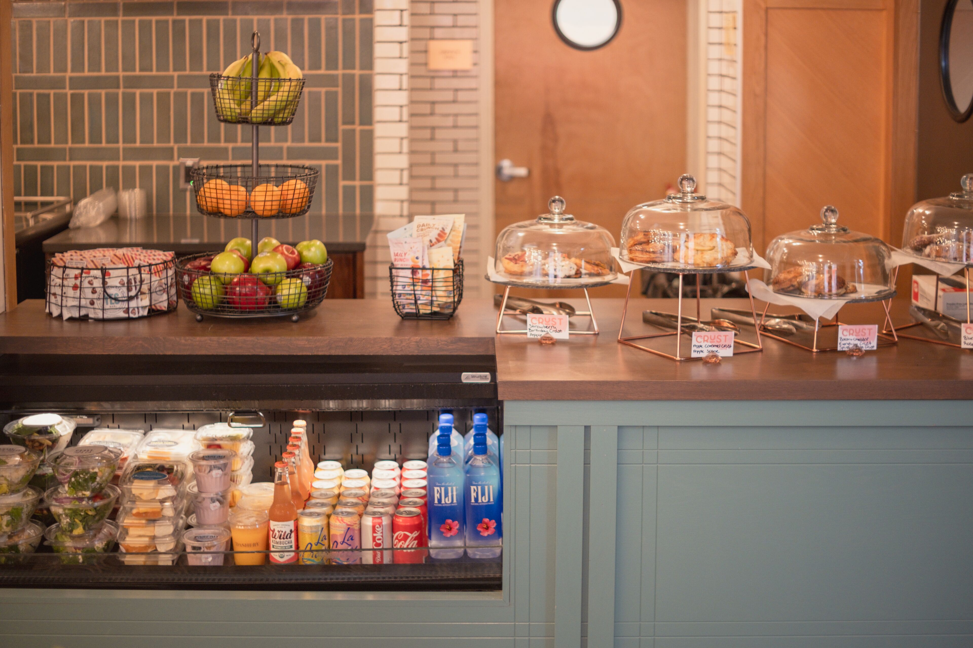 A breakfast buffet with various food items and beverages.