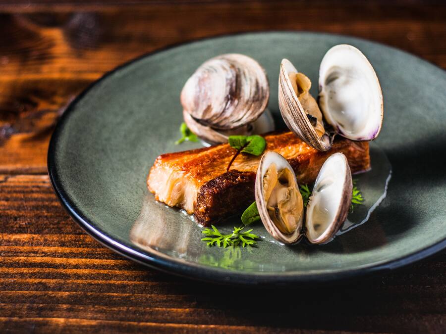 A plate with a piece of grilled salmon, clams, and a garnish on a dark ceramic plate.