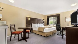A hotel room with a bed, a desk, a chair, a dining table, and a television.