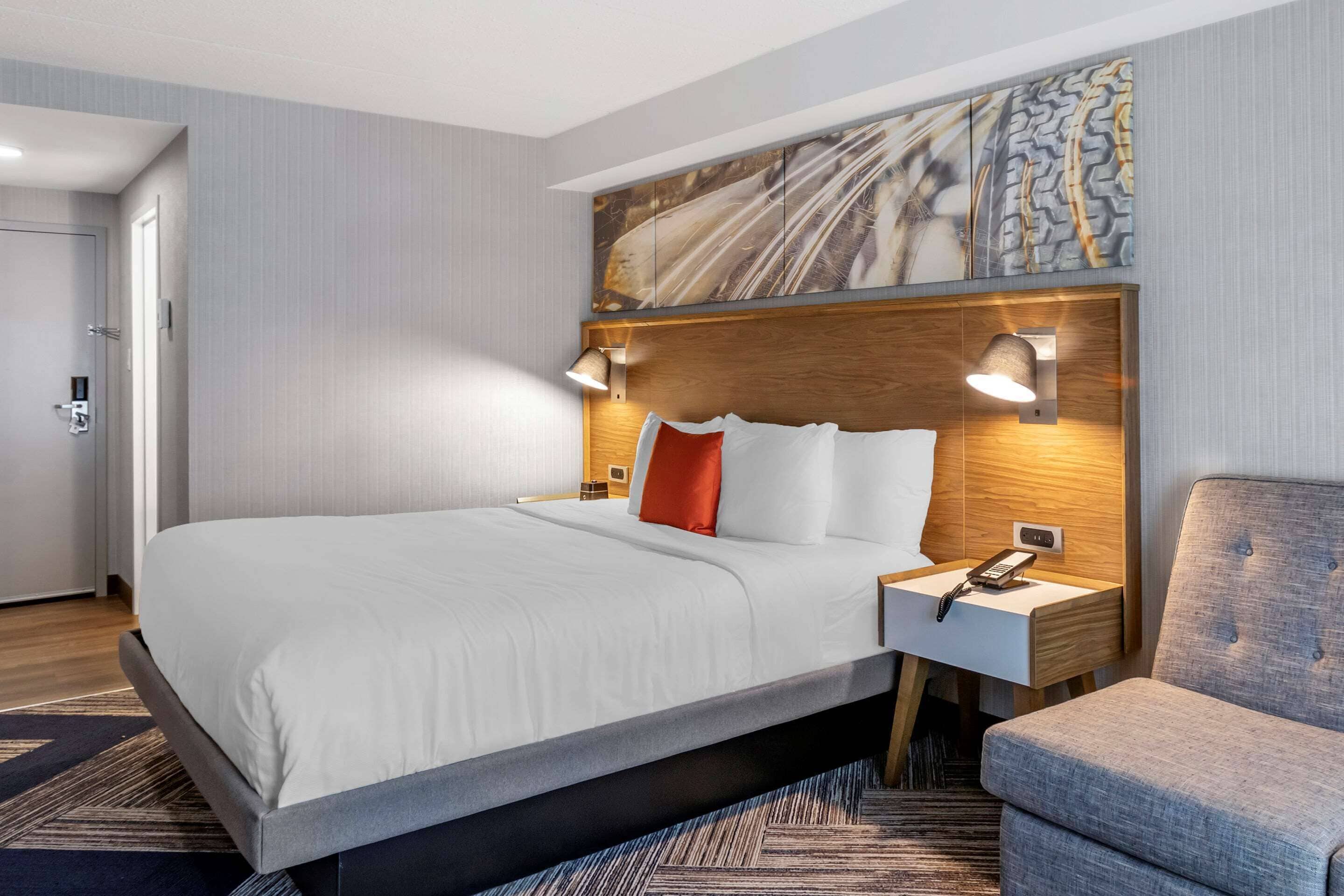 premium bedding, desk, blackout curtains, iron/ironing board