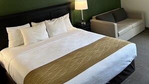 Una habitación de hotel con una cama grande, una mesita de noche con lámpara, un sofá y una pared verde decorativa.