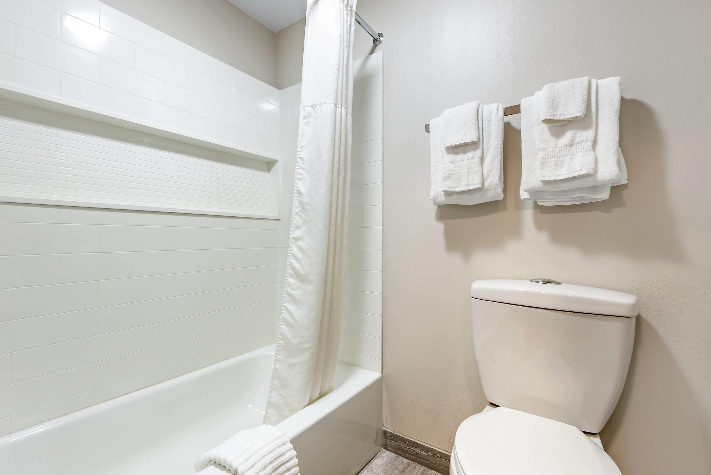 Une salle de bain avec une baignoire, un rideau de douche et deux serviettes accrochées au mur.