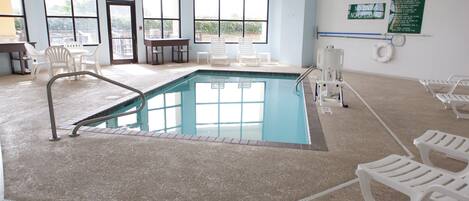 Indoor pool, open 8:00 AM to 10 PM, sun loungers