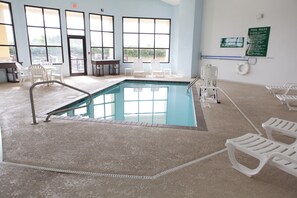 Indoor pool, open 8:00 AM to 10 PM, sun loungers