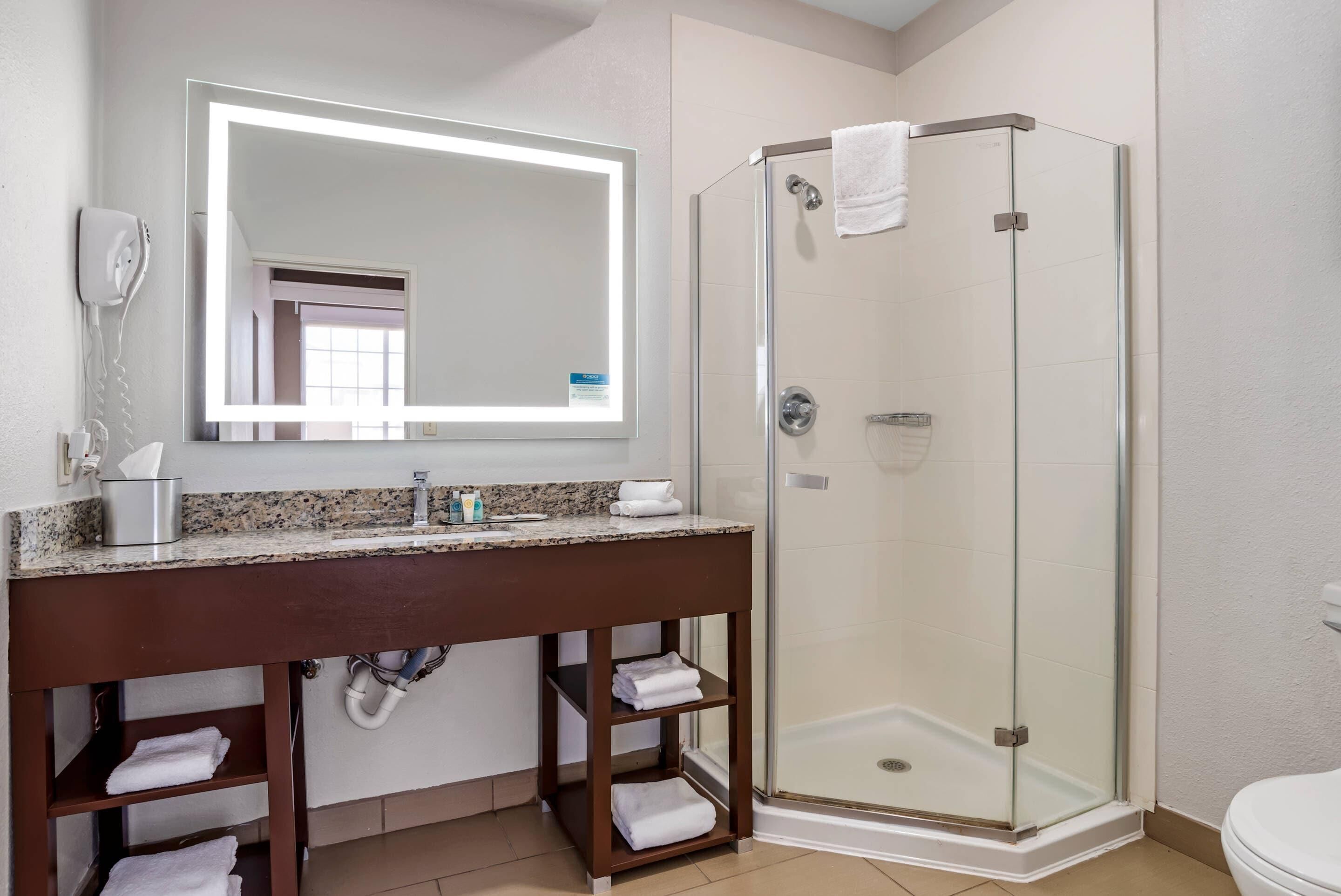 Ein Badezimmer mit Duschkabine, Waschtisch mit Spiegel und Toilette.