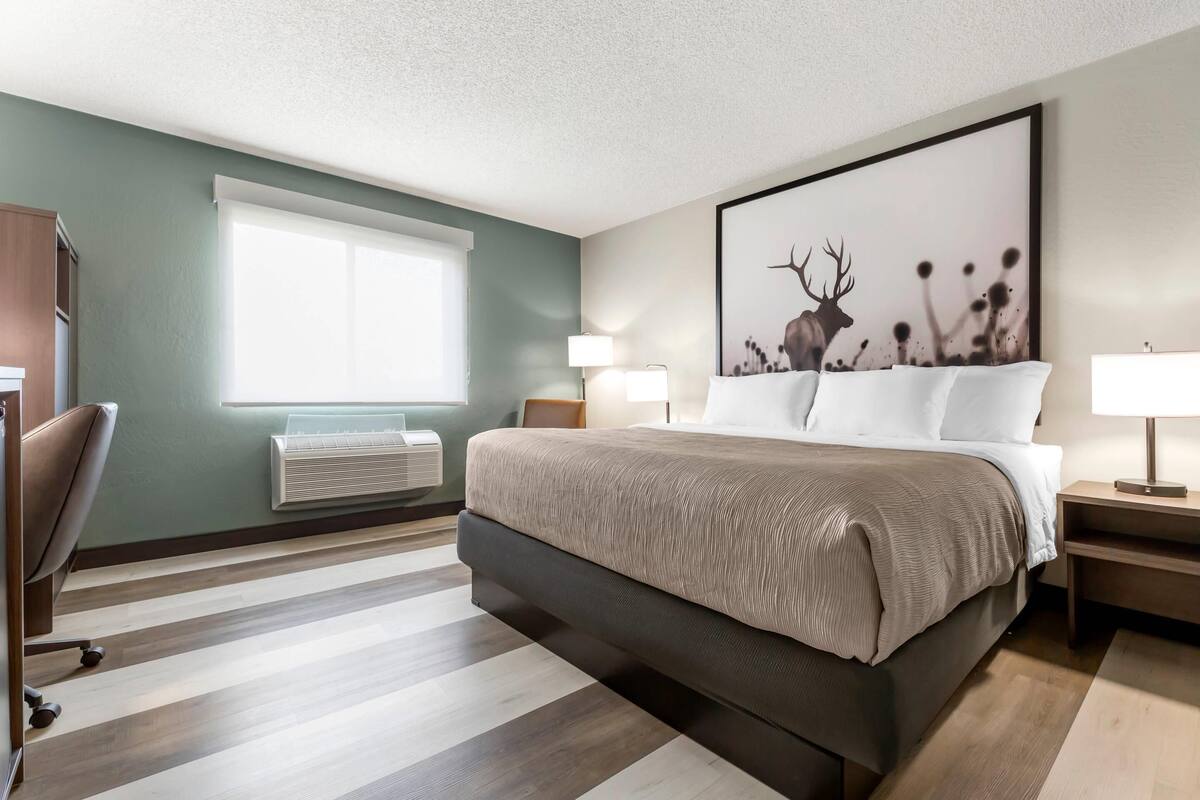 Quarto de hotel moderno com uma cama grande, uma escrivaninha, uma cadeira, uma janela com persianas, ar condicionado fixado na parede e uma obra de arte emoldurada sobre a cama.