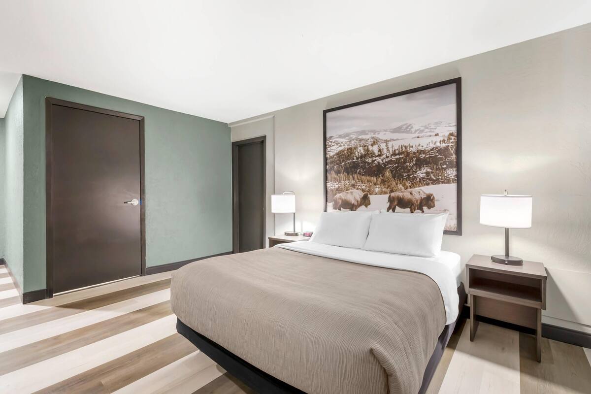 Quarto de hotel com uma cama grande, duas mesas de cabeceira com luminárias, uma porta e um quadro pendurado na parede.