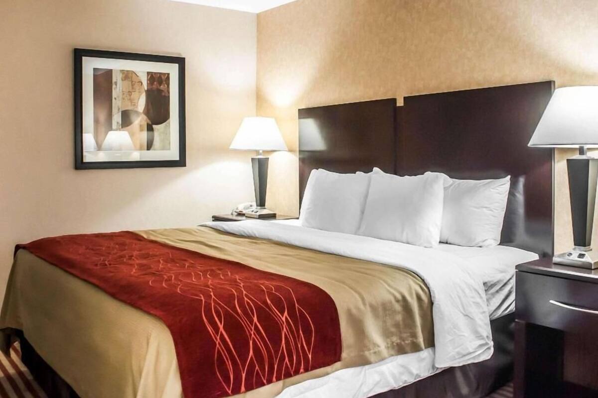 A hotel room with a bed, two bedside tables, a headboard, a framed picture on the wall, and a red and beige bedspread.