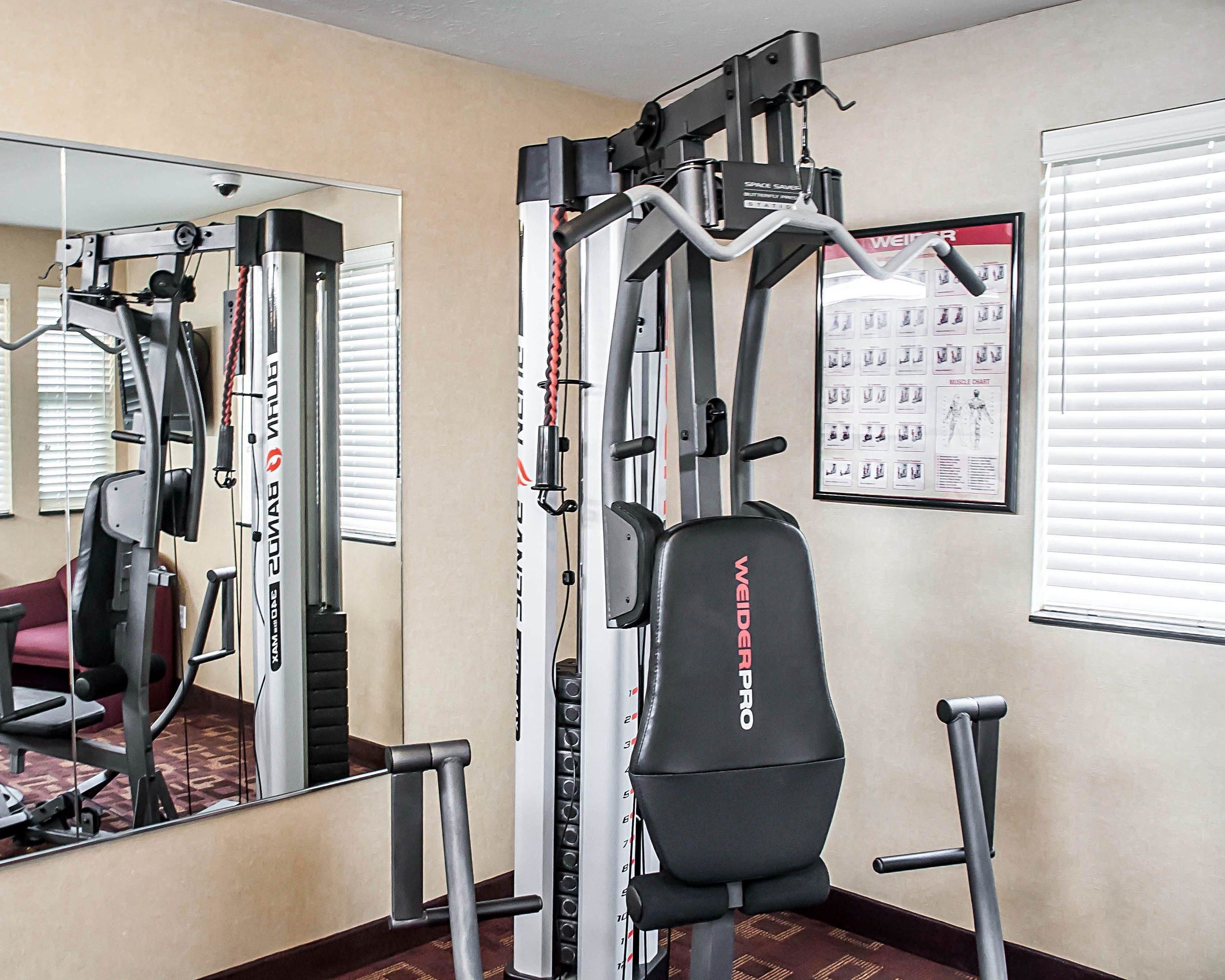 A gym with a pull-up bar, a weight bench, and a wall calendar.