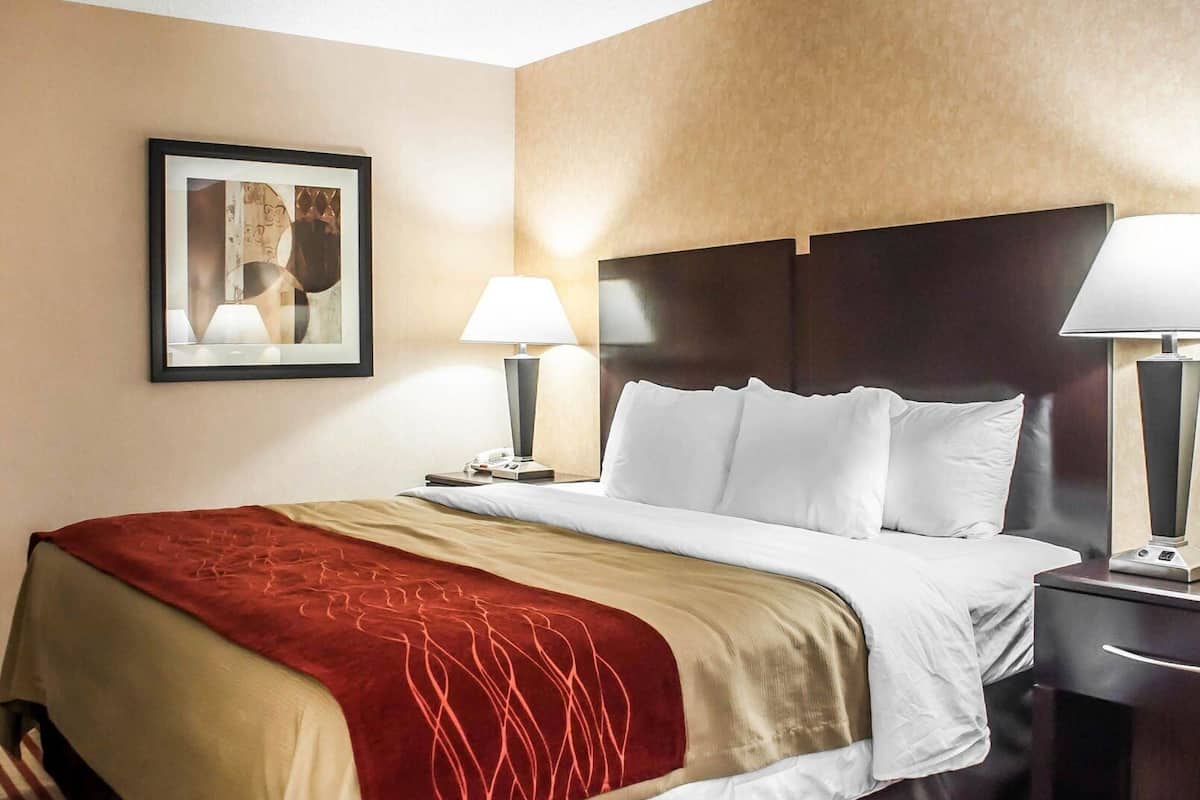 A hotel room with a bed, two bedside tables, a nightstand, a lamp, a framed picture on the wall, and a red and beige bedspread.