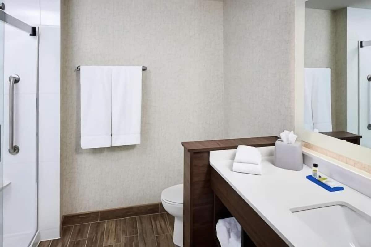 Combined shower/tub, free toiletries, hair dryer, towels