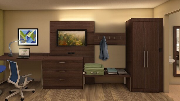 A hotel room with a desk, chair, computer, TV, wardrobe, and a bed. - Holiday Inn Express Canton by IHG (Canton)