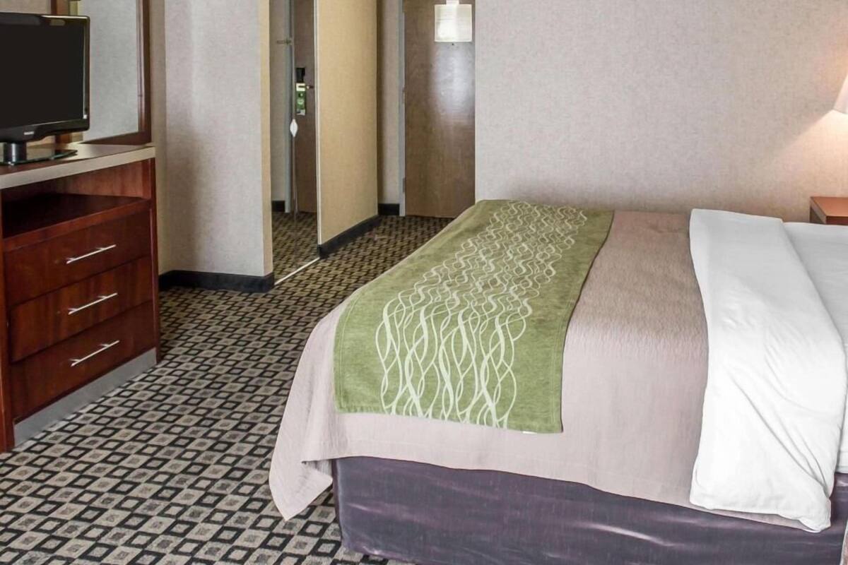 Een hotelkamer met een bed, een kaptafel, een televisie en een kamer met een patroon.