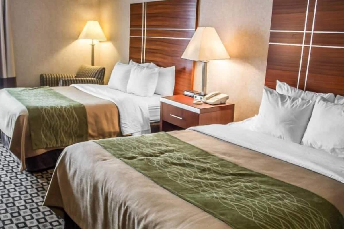 Een hotelkamer met twee bedden, een nachtkastje met een lamp, een telefoon en een vloer met een patroon.