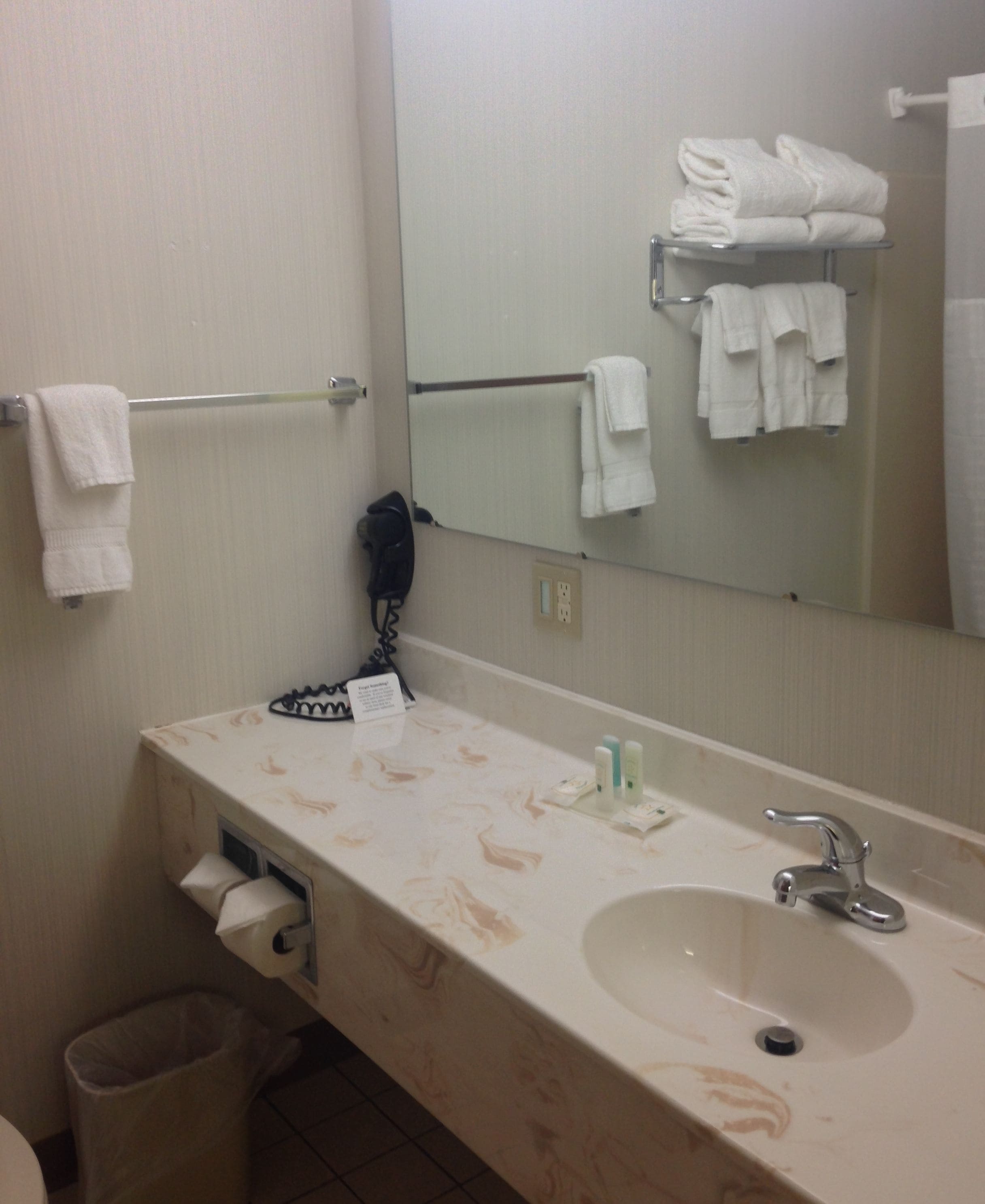 A bathroom with a sink, mirror, towel rack, and a trash bin.