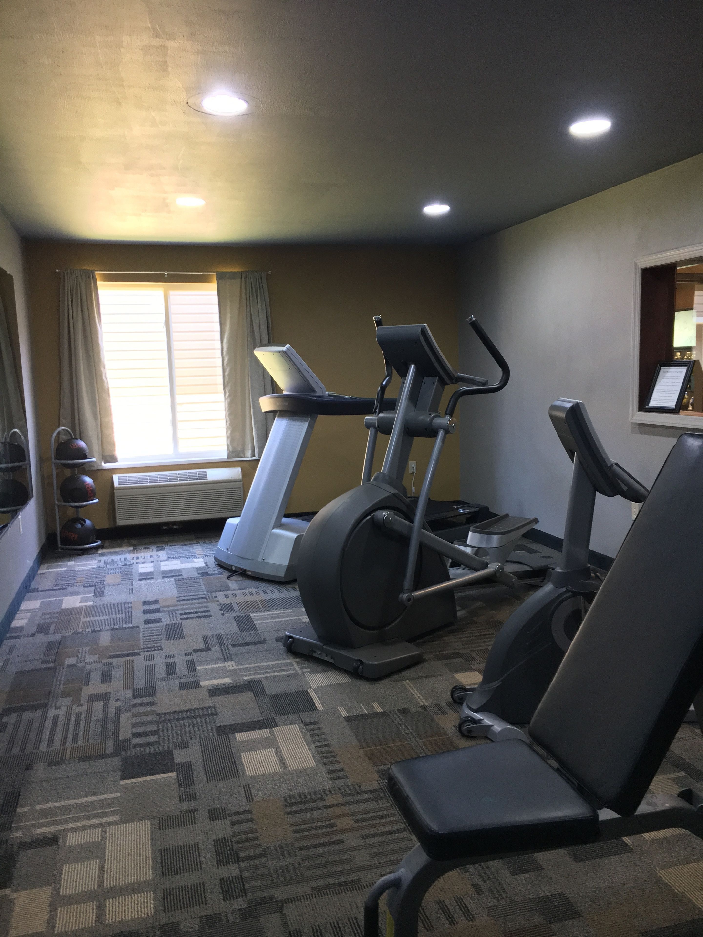 Un gimnasio con cintas de correr, bicicletas estáticas y un banco de pesas.
