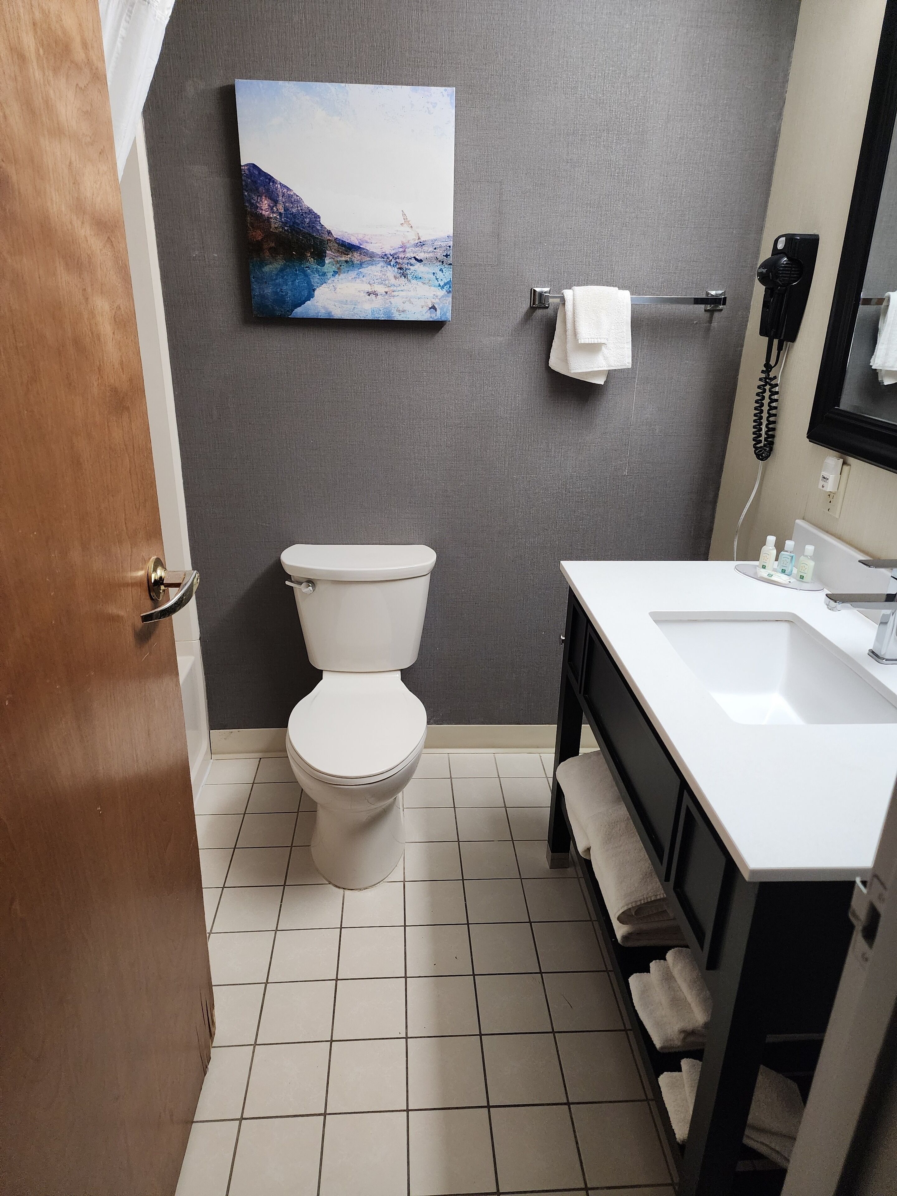 Un baño con inodoro, lavamanos y un cuadro en la pared.