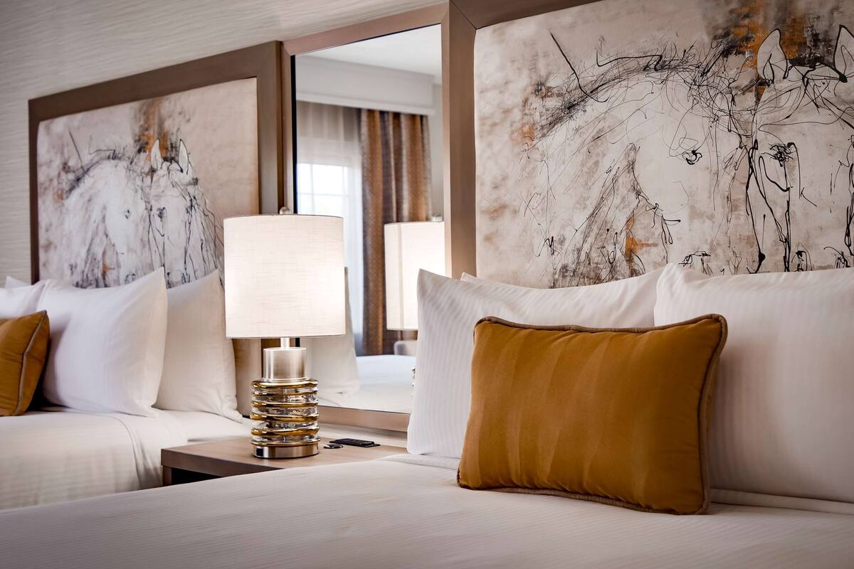 standard room, 2 queen beds, non smoking, refrigerator & microwave | premium bedding, in-room safe, desk, laptop workspace
