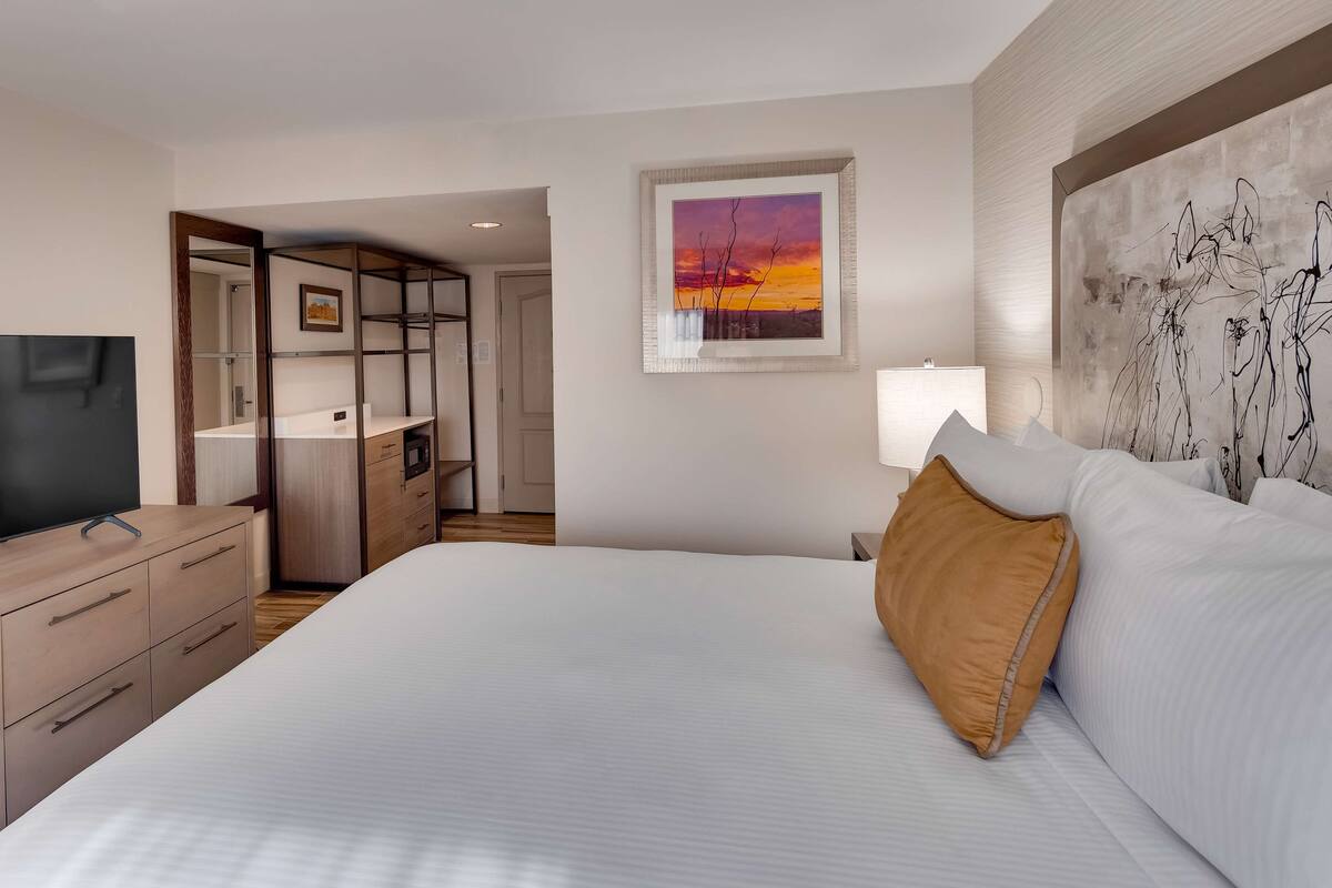 Une chambre d’hôtel avec un lit, une télévision, un bureau, une armoire et un tableau au mur.