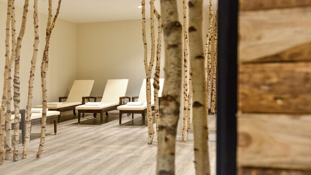 Una habitación con decoración de abedul, tres sillas blancas acolchadas y suelo de madera.