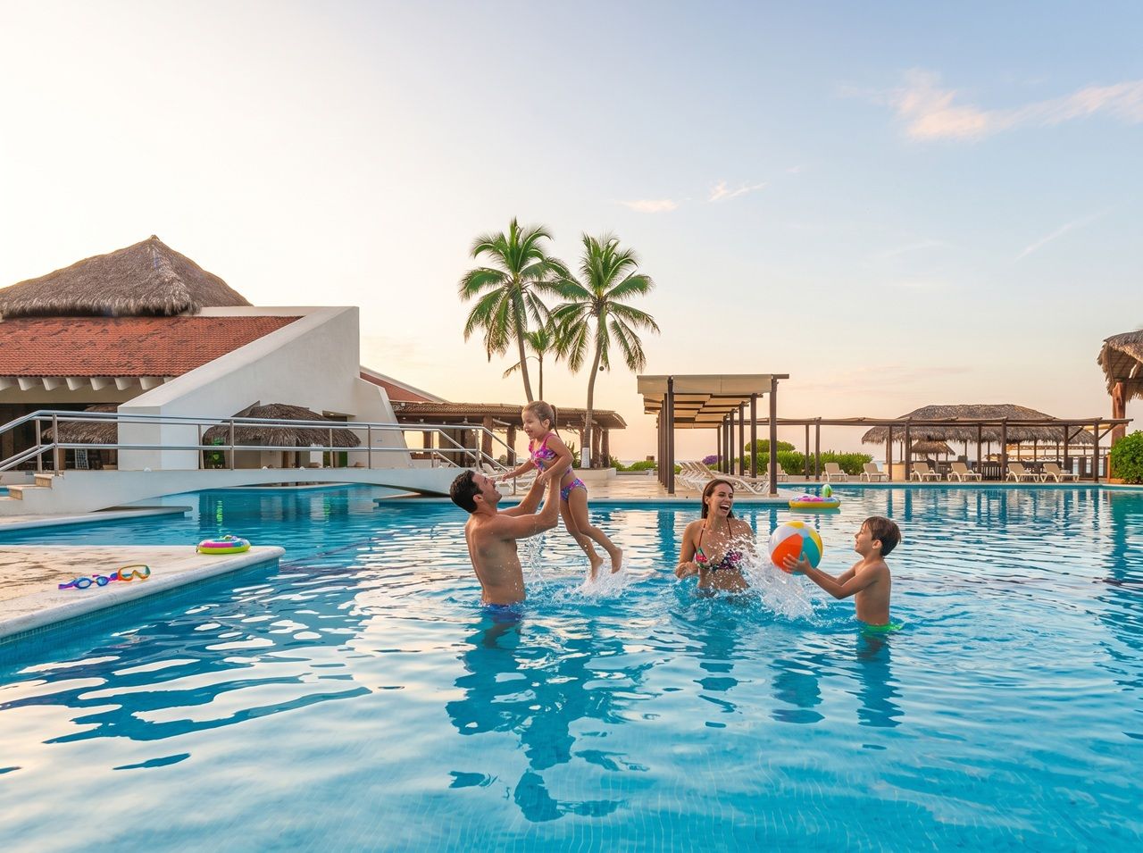 A swimming pool with people playing, a thatched-roof building, and palm trees.