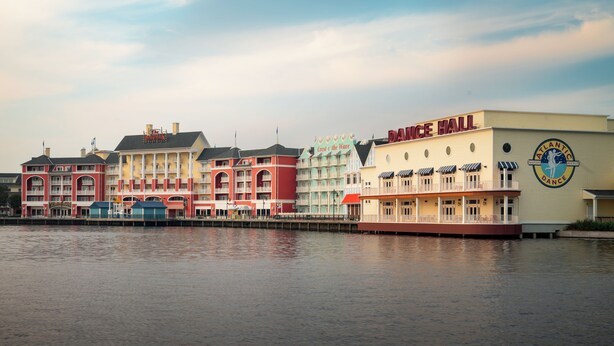 A waterfront hotel with multiple buildings, including a prominent "Dance Hall" sign.