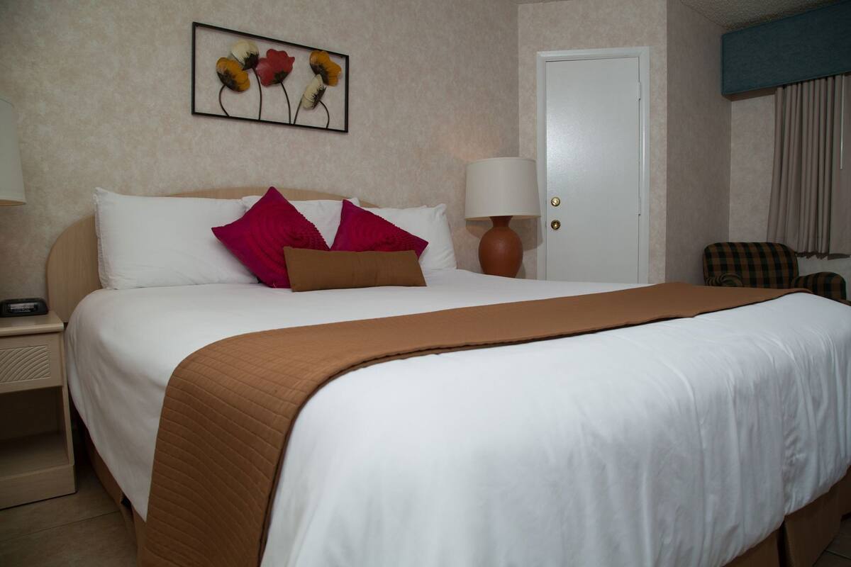A hotel room with a bed, a nightstand, a lamp, a chair, and a door.