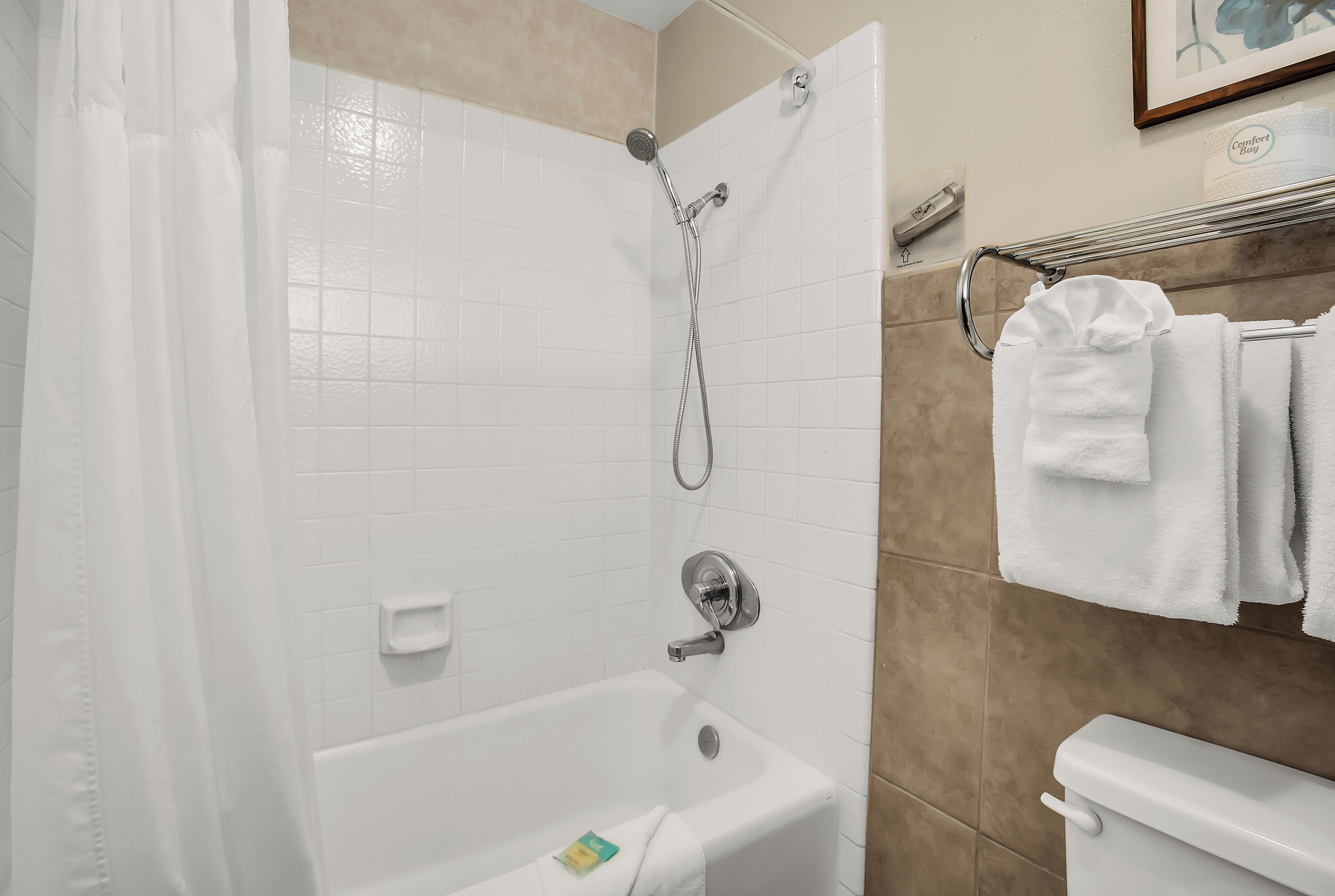 Ein Badezimmer mit Badewanne, Dusche und Toilette.