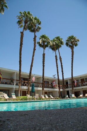 A hotel pool area with palm trees, lounge chairs, and flags.