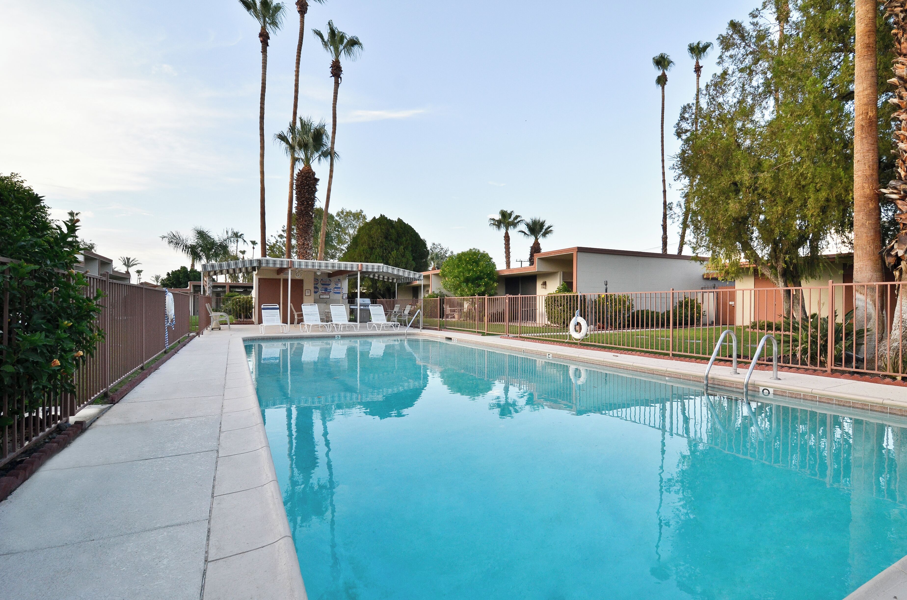A swimming pool with lounge chairs and a covered area, surrounded by palm trees and a fence.