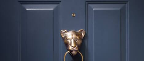 A dark blue door with a brass lion head knocker and a brass ring.