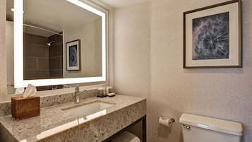 Un baño con un espejo grande, un lavabo, un inodoro y una obra de arte enmarcada en la pared.