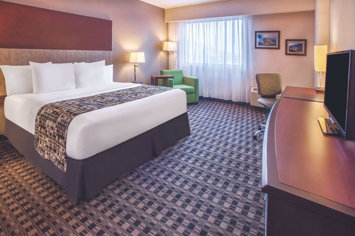 A hotel room with a large bed, a desk, a television, and a chair.