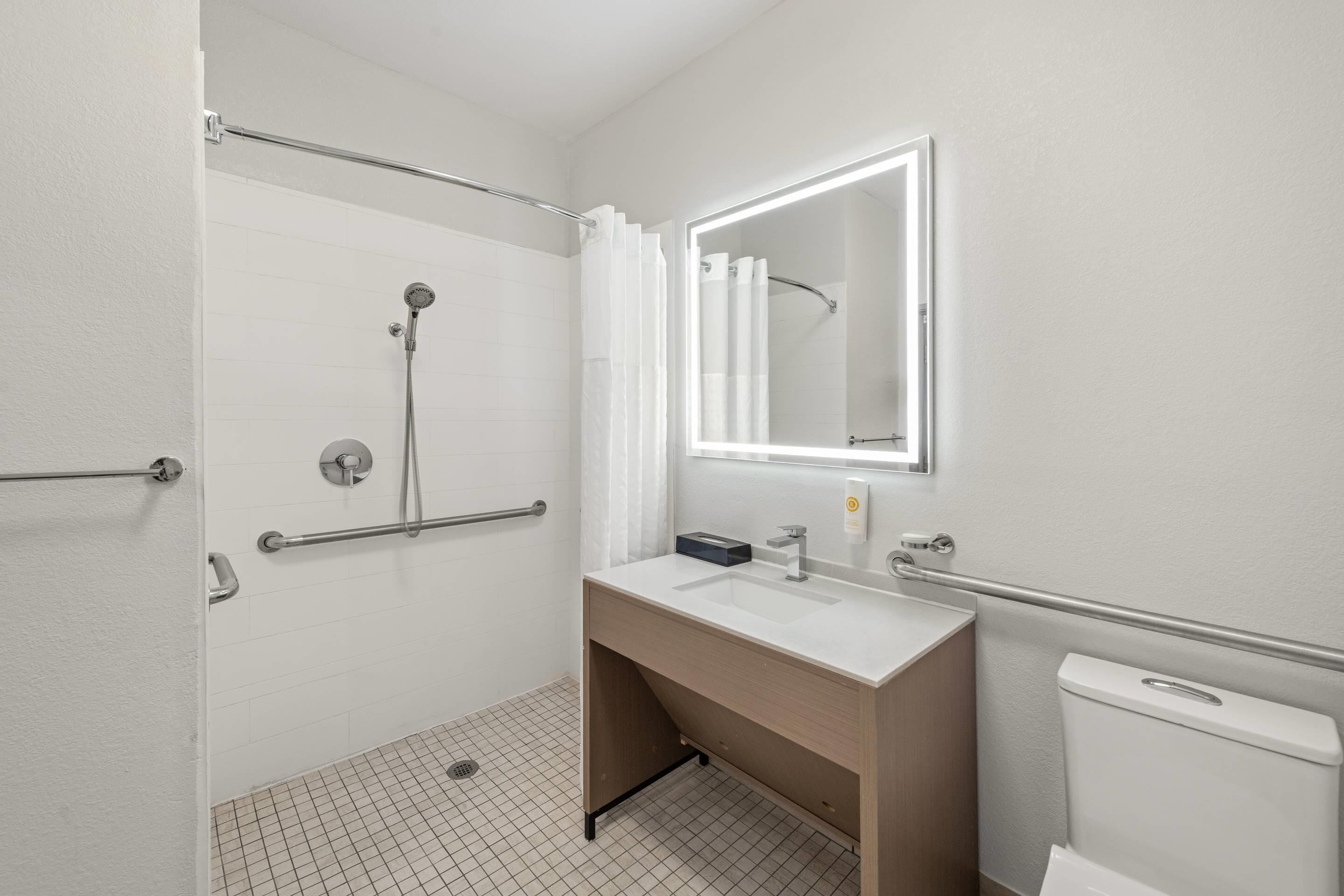 room, 1 king bed, accessible, non smoking | bathroom | combined shower/bathtub, hair dryer, towels