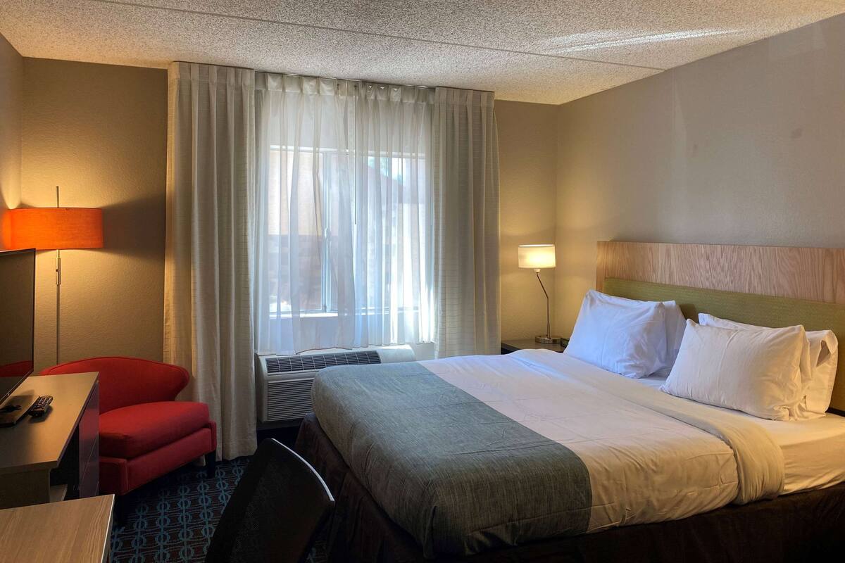 A hotel room with a bed, a desk with a chair, a red armchair, a window with curtains, and a nightstand with a lamp.