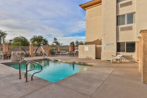 Outdoor pool, pool umbrellas, pool loungers