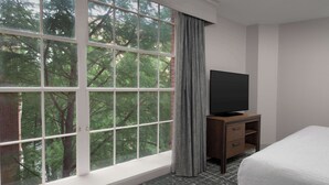 Habitación de hotel con un ventanal grande, un televisor de pantalla plana, una cama y una mesita de noche de madera.